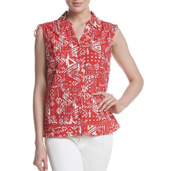 Womens Breckenridge Printed Tie Shoulder Top Size Medium Summer Red White NWT - Picture 1 of 3